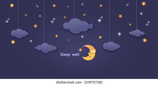 Sleep well. Night sky. Clouds, crescent moon with stars. Cartoon paper cut, dark blue sky background