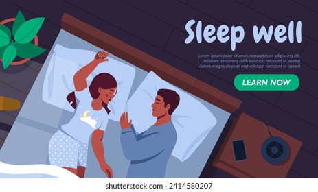 Sleep well poster. Top view at man and woman at bed. Rest and recuperation together. Sleep and dream at night, right day regime. Landing page design. Cartoon flat vector illustration