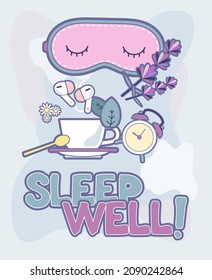 Sleep well vector poster. Illustration items vector set isolated for good sleep. Good night cartoon concept against sleep disorder insomnia depression. Self helping illustration purple blue colors