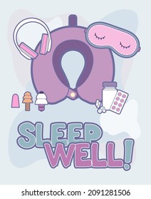 Sleep well vector poster. Illustration items vector set isolated for good sleep in plane travel. Good night cartoon concept poster against sleep disorder insomnia depression. Self helping illustration