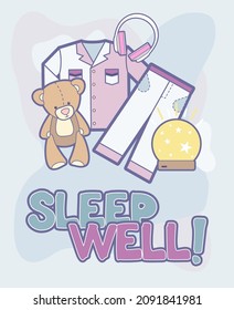 Sleep well vector poster. Illustration items vector set isolated for good sleep. Good night cartoon concept against sleep disorder insomnia depression. Self helping illustration purple blue colors