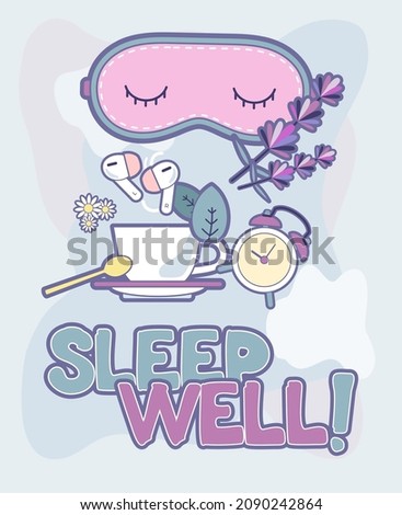 Sleep well vector poster. Illustration items vector set isolated for good sleep. Good night cartoon concept against sleep disorder insomnia depression. Self helping illustration purple blue colors