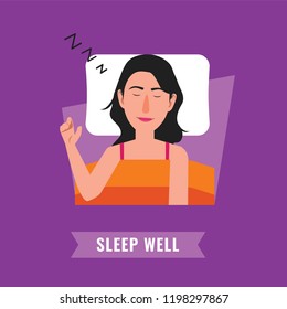 Sleep well. Woman sleeping at night illustration