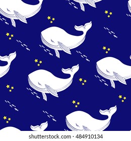 Sleep Whale colorful cartoon illustration isolated on blue background, vector graphic sea animal, Seamless pattern, decorative texture, Character design for greeting card, children invite, baby shower