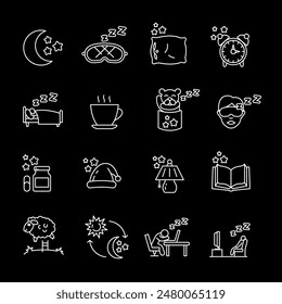 Sleep, white line icons. Symbols representing sleep and related attributes. Ideal for health and wellness themes. Symbols on black background. Editable stroke.