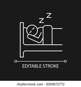 Sleep white linear icon for dark theme  Person sleeping soundly in bed  Healthy lifestyle  habits  Thin line customizable illustration  Isolated vector contour symbol for night mode  Editable stroke