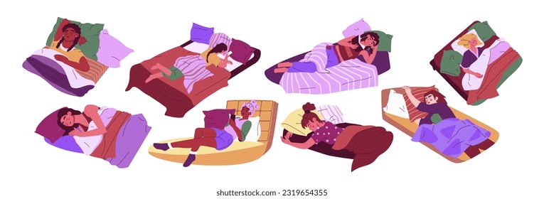 Sleep woman. Asleep cartoon flat style modern character, dream bed, nap and snore in bedroom, sleepy child awake. Girl reading book or chatting online. Vector exact isolated graphic