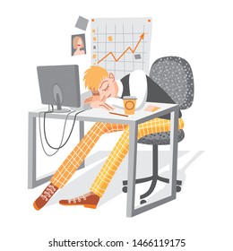 Sleep in the workplace, sleep in the workplace, young man sleeping on table