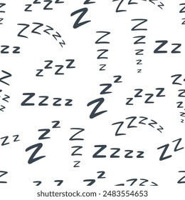 Sleep zzz seamless pattern. Signs of sleep and snoring, nap sound comic text effects. Doodle sleeping print design for fabric or wrap, neoteric vector background