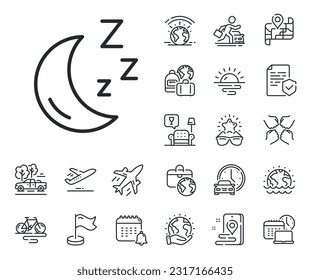 Sleep zzz sign. Plane jet, travel map and baggage claim outline icons. Moon line icon. Night lunar symbol. Moon line sign. Car rental, taxi transport icon. Place location. Airport lounge. Vector