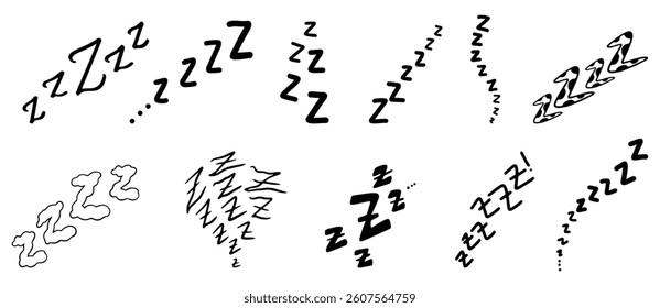 Sleep zzzz doodle symbol set. Sleepy dream icon. Doodle comic sketch style vector illustration. 