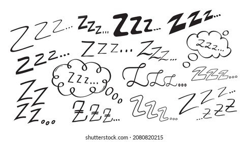 Sleep zzzz vector set in hand drawn doodle set. Insomnia icon in sketch style. Doodle sleepy symbol illustration in outline.