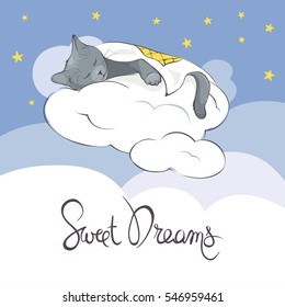 Sleeper Kitty on the clouds under a blanket / Funny vector illustration with gray cat