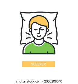 Sleeper - modern line design style single isolated icon. Blond man in green T-shirt fell asleep on the pillow. We bet he has a great dream and you now have nice picture that can be used everywhere