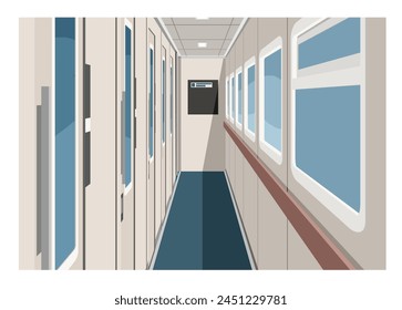 Sleeper train car corridor. Simple flat illustration in perspective view.