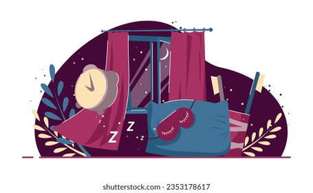 Accesorios para dormir en la ilustración vectorial del dormitorio. Dibujo de dibujos animados de reloj despertador, almohada, máscara de sueño, soporte de cepillo de dientes. Cama, noche, recreación, sueño, concepto de higiene