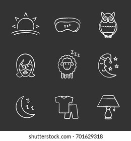 Sleeping accessories chalk icons set. Sunset, woman with sleeping mask, owl, sheep, moon, pajamas, table lamp. Isolated vector chalkboard illustrations