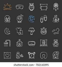 Sleeping accessories chalk icons set. Pillows, sleeping slippers, pills, earplugs, dreamcatcher, alarm clock, pajamas. Isolated vector chalkboard illustrations