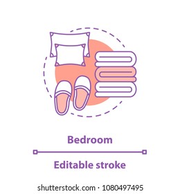 Sleeping accessories concept icon. Bedroom idea thin line illustration. Slippers, pillows and blankets. Vector isolated outline drawing. Editable stroke