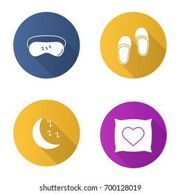 Sleeping accessories flat design long shadow glyph icons set. Sleeping mask, bedroom slippers, moon, pillow with heart shape. Vector silhouette illustration