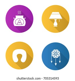 Sleeping accessories flat design long shadow glyph icons set. Neck pillow, dream catcher, aroma candle, table lamp. Vector silhouette illustration