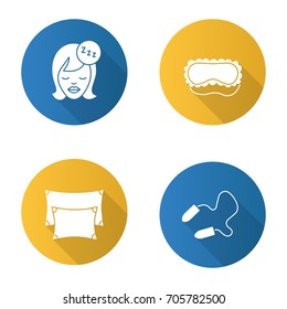 Sleeping accessories flat design long shadow glyph icons set. Pillows, earplugs, sleeping woman, mask. Vector silhouette illustration