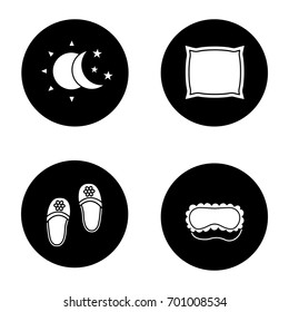 Sleeping accessories glyph icons set. Sleeping mask, bedroom slippers, sun and moon with stars, pillow. Vector white silhouettes illustrations in black circles