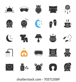 Sleeping accessories glyph icons set. Silhouette symbols. Pillows, sleeping slippers, pills, earplugs, dreamcatcher, alarm clock, pajamas. Vector isolated illustration