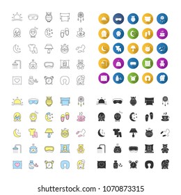 Sleeping accessories icons set. Linear, flat design, color and glyph styles. isolated vector illustrations