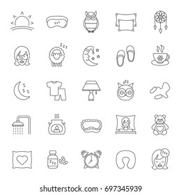 Sleeping accessories linear icons set. Thin line contour symbols. Pillows, sleeping slippers, pills, earplugs, dreamcatcher, alarm clock, pajamas. Isolated vector outline illustration. Editable stroke