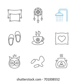 Sleeping accessories linear icons set. Thin line contour symbols. Pillows, dreamcatcher, shower faucet, herbal teacup, sleeping owl, earplugs, aroma candle. Isolated vector outline illustrations