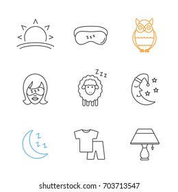 Sleeping accessories linear icons set. Thin line contour symbols. Sunset, woman with sleeping mask, owl, sheep, moon, pajamas, table lamp. Isolated vector outline illustrations