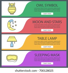 Sleeping accessories web banner templates set. Owl, moon and stars, table lamp, sleeping mask. Website color menu items. Vector headers design concepts