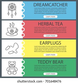 Sleeping accessories web banner templates set. Dreamcatcher, herbal tea, earplugs, teddy bear. Website color menu items with linear icons. Vector headers design concepts
