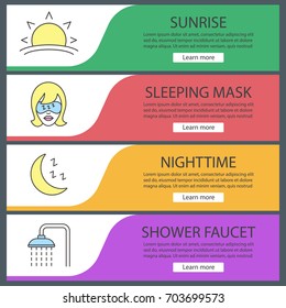 Sleeping accessories web banner templates set. Sunrise, sleeping woman with mask, moon, shower faucet. Website color menu items. Vector headers design concepts