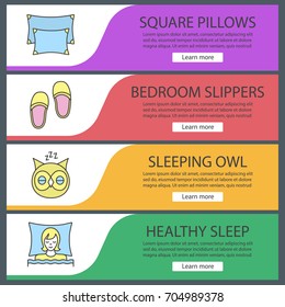 Sleeping accessories web banner templates set. Pillows, sleeping woman and owl, bedroom slippers. Website color menu items. Vector headers design concepts
