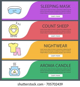 Sleeping accessories web banner templates set. Sheep, sleeping mask, pajamas, aroma candle. Website color menu items. Vector headers design concepts
