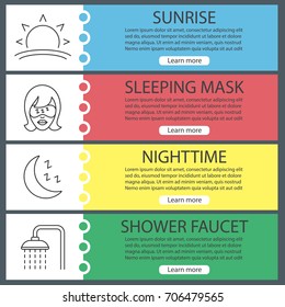 Sleeping accessories web banner templates set. Rising sun, sleeping woman, moon, shower faucet. Website color menu items with linear icons. Vector headers design concepts