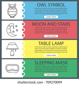 Sleeping accessories web banner templates set. Owl, moon and stars, table lamp, sleeping mask. Website color menu items with linear icons. Vector headers design concepts