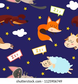 Sleeping adorable animals character seamless pattern isolated on violet. Vector set of cute cartoon lying dog, cat, sheep, goat and fox with bubbles used for textile, web pages, scrapbooking.