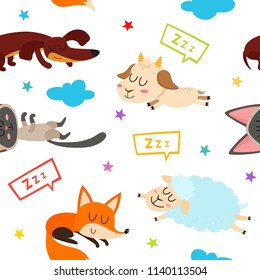 Sleeping adorable animals character seamless pattern isolated on white. Vector set of cute cartoon lying dog, cat, sheep, goat and fox with bubbles used for textile, web pages, scrapbooking.