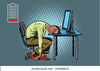 sleeping African businessman at the computer. Fatigue at work. Pop art retro vector illustration