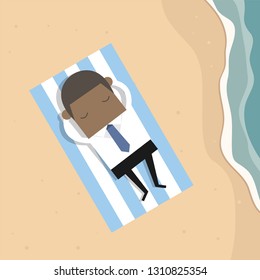 Sleeping African businessman at the seaside beach summer on vacation.