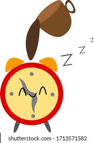 Schlafwecker, auf dem Kaffee verschüttet Das Konzept eines guten Morgens und ein beliebtes Getränk-Objekt auf weißem Hintergrund.