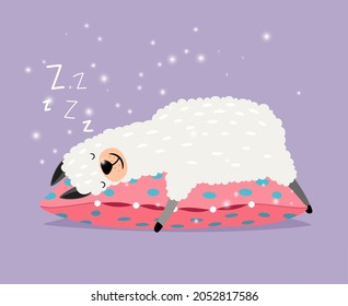 Sleeping alpaca. Cute lama love sleep on pillow, smiling llama character in sweer dreams, tired alpacka vector illustration isolated