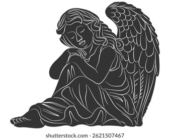 Sleeping Angel Silhouette – Peaceful Winged Figure in Vector Line Art