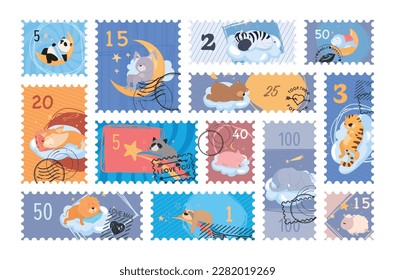 Sleeping animal postmark with postal stamp mail delivery correspondence label set vector flat illustration. Cute childish characters lion rabbit panda fox bear tiger elephant asleep relax at night