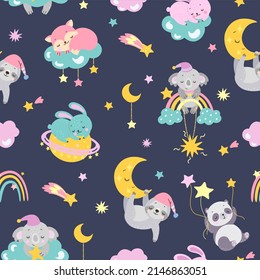 Sleeping animals background. Cute animal sleep, baby night dream fabric print. Cartoon rabbit fox, cute koala sloth on moon and clouds nowaday vector seamless pattern