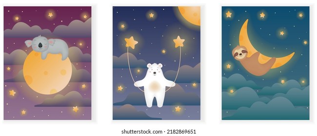 Sleeping animals for children. Magic starry sky with cute koala, bear and sloth. Outer space. Set of vector illustration