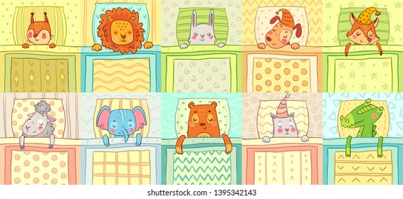 Sleeping animals. Cute animal night sleep in bed, funny dog on pillow and cat in nightcap cartoon vector illustration set